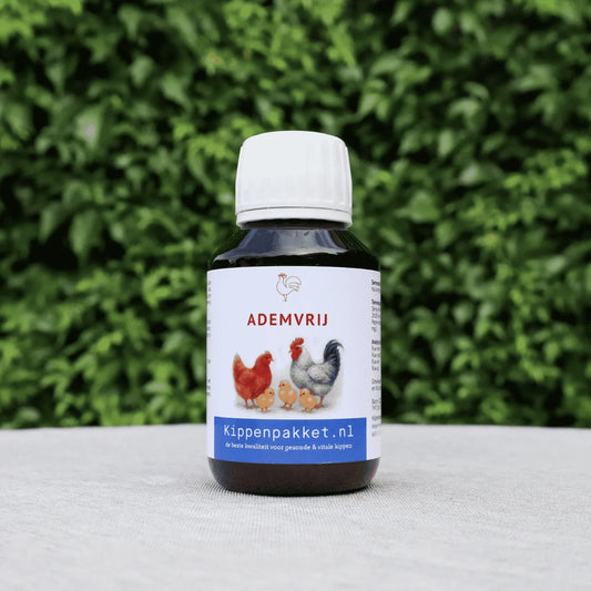 Kippen supplement Ademvrij van Kippenpakket.nl, helpt bij luchtweginfecties, snot en slijm bij kippen, natuurlijk en effectief.