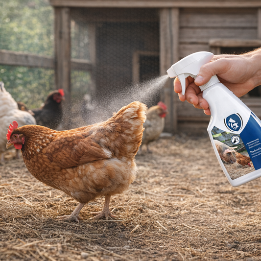 Anti Verenpik Spray met hertshoornolie in gebruik bij kippen in een rustige kippenren.