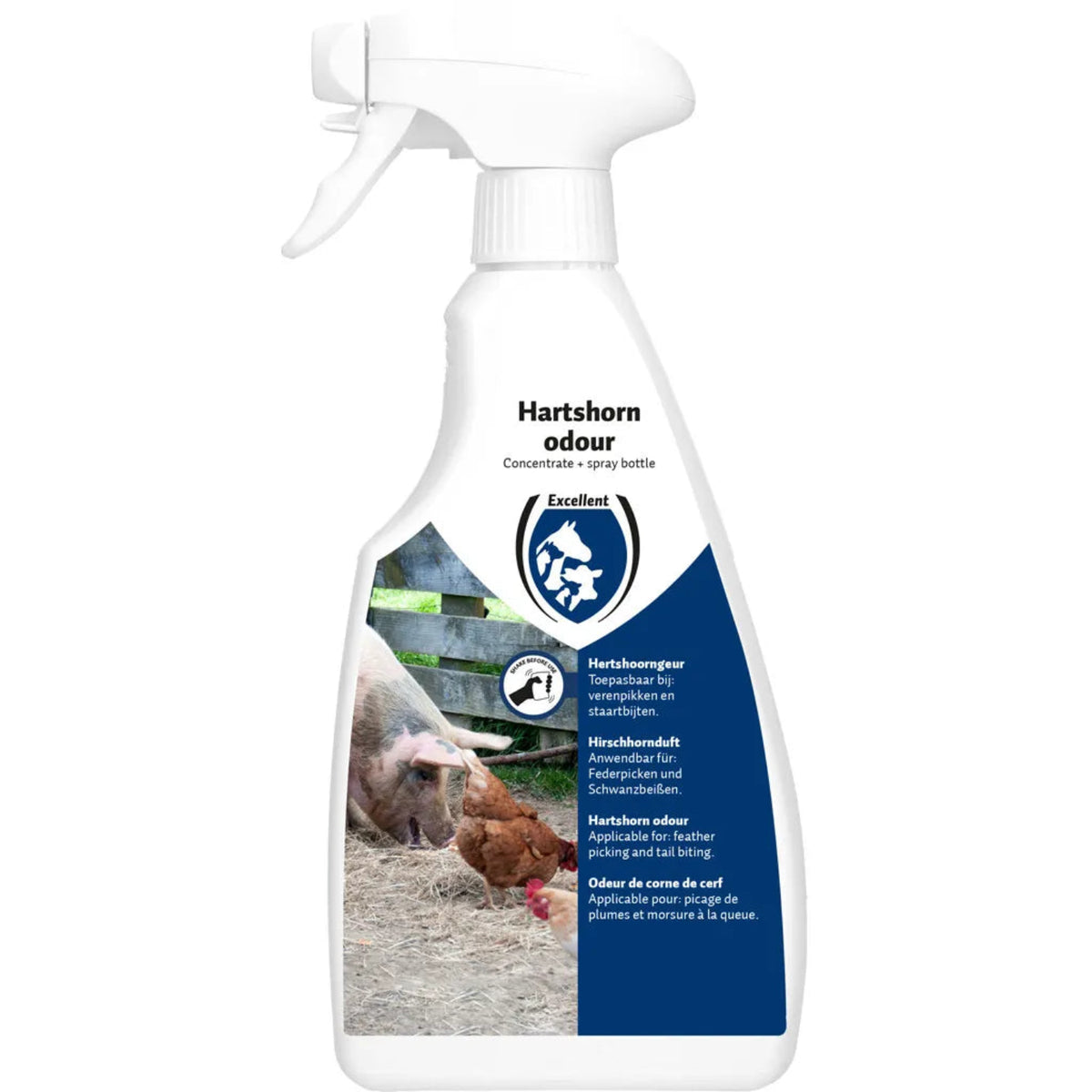Fles van Anti Verenpik Spray met Echte Hertshoornolie voor Kippen, een natuurlijk product van Kippenpakket.nl om verenpikken bij kippen te voorkomen.