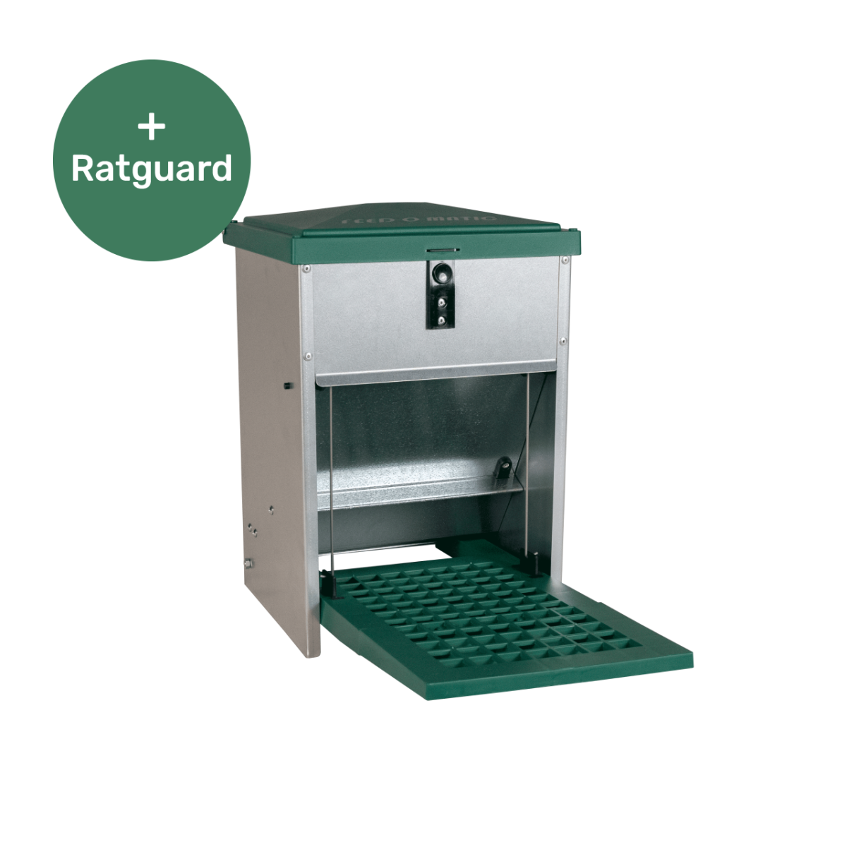 De FeedoMatic Trap/-voerbak 5kg + Rat Guard van Kippenpakket.nl is een metalen voerbak voor huisdieren met een groen dak, toegangsdeur aan de voorkant en uitschuifbare lade. Met het label "RatGuard" voedt hij niet alleen uw huisdier, maar beschermt hij ook voedsel tegen ongedierte met zijn slimme ontwerp.