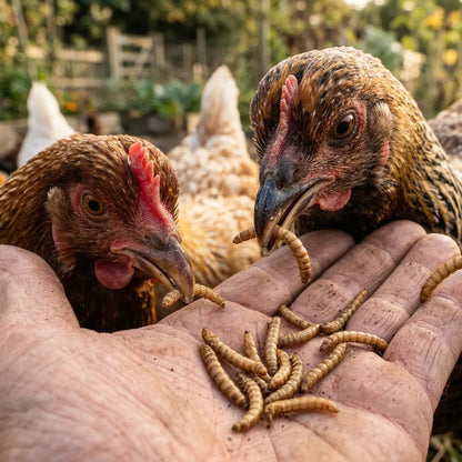 Kippen die gedroogde meelwormen eten als gezonde traktatie