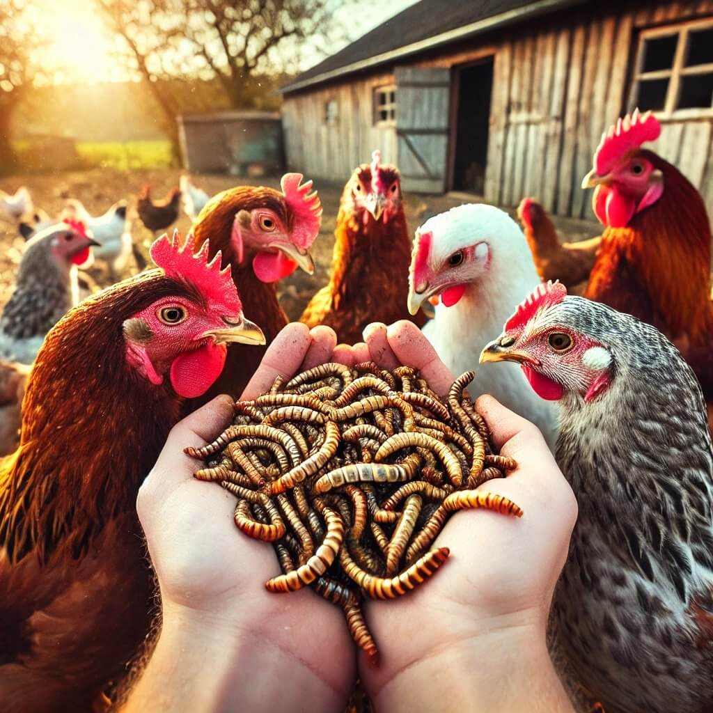 Een persoon houdt een handvol Gedroogde Meelwormen van Kippenpakket.nl vast, terwijl meerdere kippen zich gretig verzamelen buiten een houten schuur. De ondergaande zon werpt een warme gloed over het tafereel terwijl deze vogels wachten op hun favoriete snack.