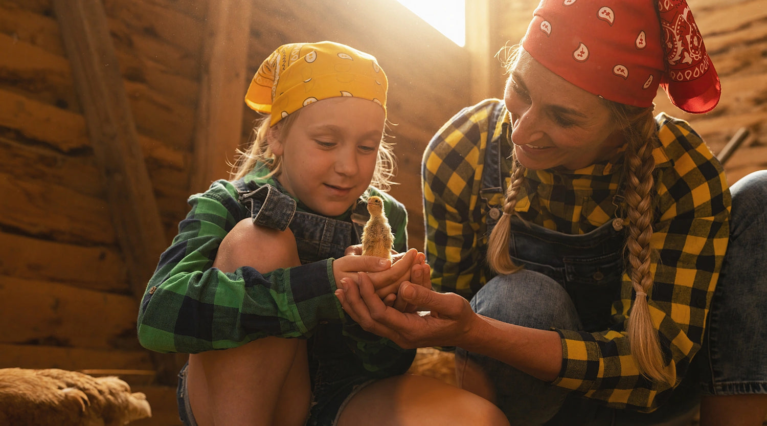 Een vrouw en een kind, beiden gekleed in geruite shirts en bandana's, zitten in een zonovergoten houten schuur. Het kind houdt een klein geel kuikentje vast terwijl de vrouw zachtjes de handen van het kind ondersteunt. Beiden lachen en lijken te genieten van dit speciale moment omringd door alles wat je nodig hebt voor kippen en kuikens.