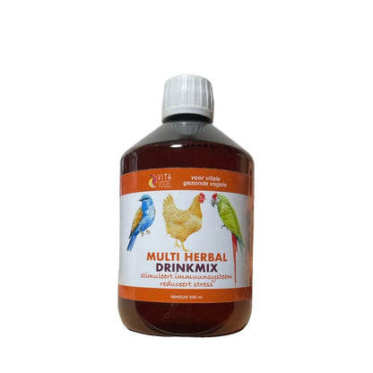 Multi Herbal Bloedluis Drinkmix - Vita Vogel , 100% natuurlijk, bloedluis bestrijden, bloedluis bestrijden door het drinkwater, Bloedluis bestrijden kippen, handige doseerflesjes, herstellend vermogen huid, immuunsysteem ondersteunen, makkelijk van bloedluis afkomen, Multi-Herbal Drinkmix, natuurlijk middel tegen bloedluis, natuurlijke bescherming, stress verminderen, vitamine C, vogel of kippenverblijf reinigen, vogelmijt bestrijden, vogels en kippen, vogels kippen kalm houden