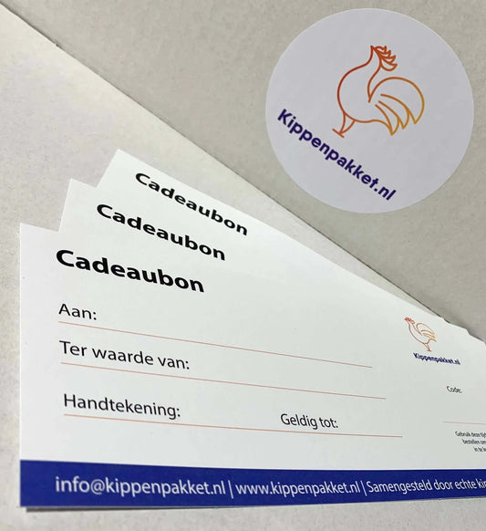 Normale Cadeaubon via post , cadeau voor kippenhouders, cadeaubon kippen, cadeaubon kippensnacks, dierenliefhebber, geschenk kippen, kippenbenodigdheden, kippeneieren, kippenliefhebber, Kippenpakket, kippenpakket cadeaubon, online cadeaubon voor kippenbenodigdheden, verjaardagscadeau kippen